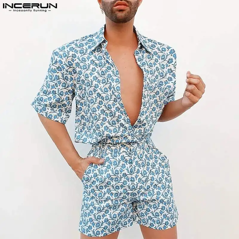 INCERUN Men Rompers Printing Summer Lapel Short Sleeve Casual Male Jumpsuits Streetwear Vacation Fashion Men Playsuits Shorts