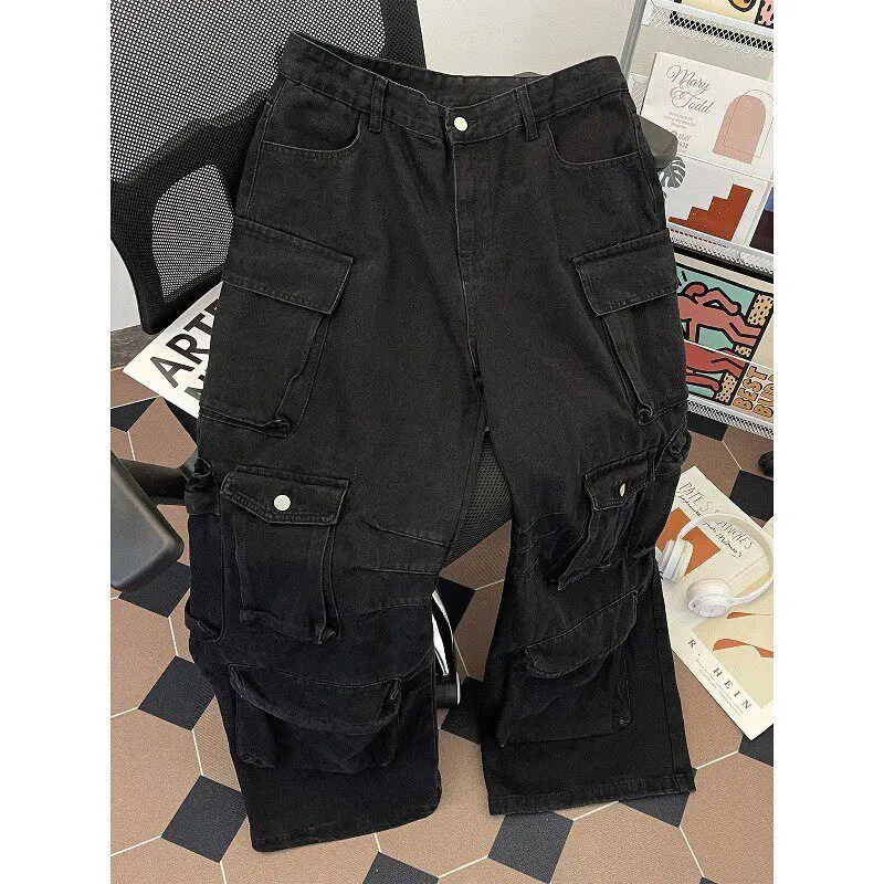 Street Style Loose Fit Black Denim Workwear Trousers Multi Pockets Wide Leg Floor Length Pants for Men And Women