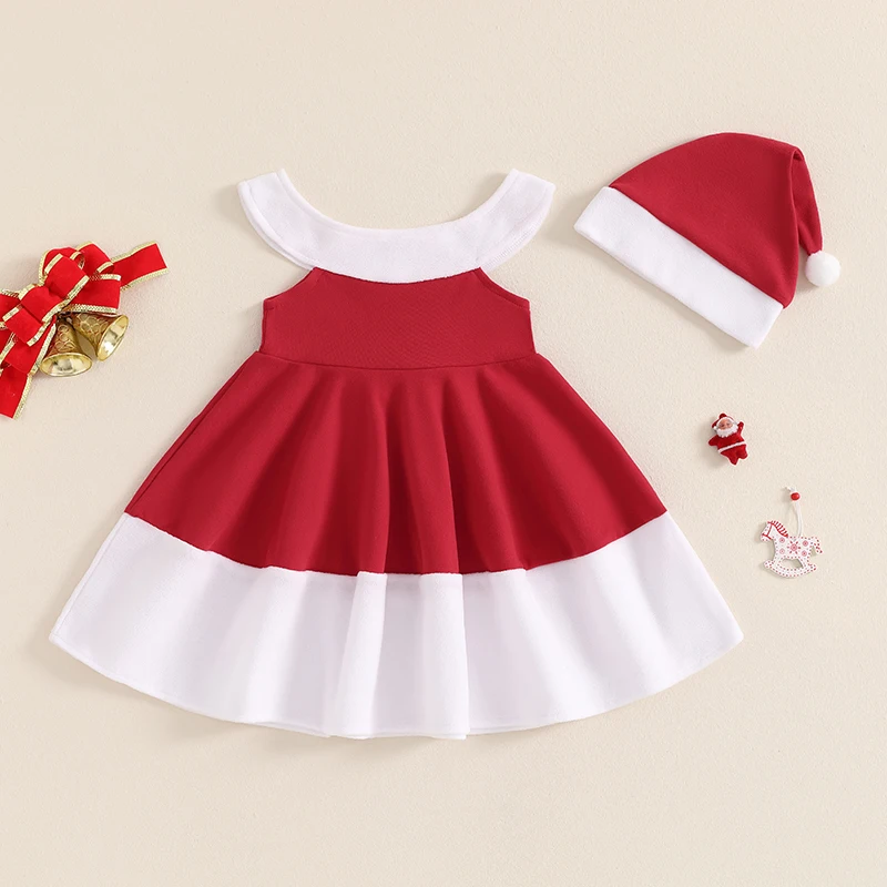 فتاة صغيرة زي عيد الميلاد ، القوس بلا أكمام ، المرقعة فستان على شكل خط مع قبعة ، ملابس الشتاء