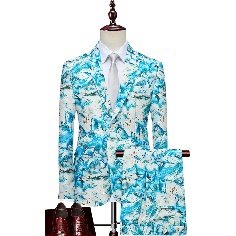 

Single Button Ink Print Suit Set Long Sleeve Blazer & Pants 2 Piece for Stage Performance & Hosting M-XXXXXXL Plus Size Men