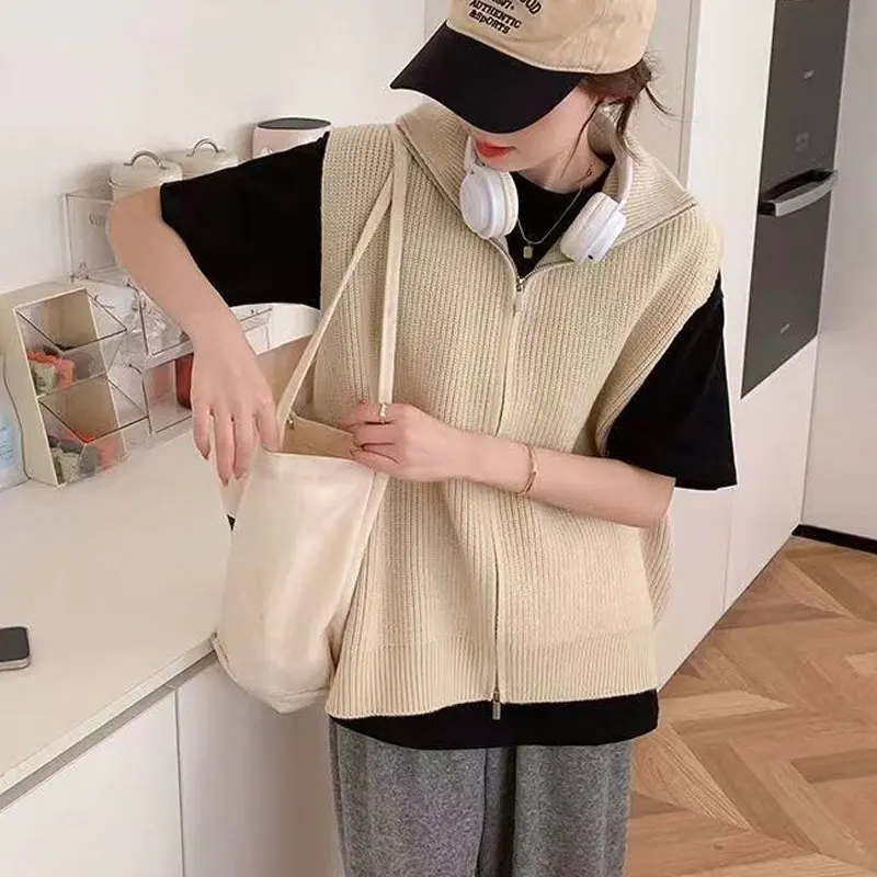 Fashion Autumn Winter Patchwork Zipper Sweater Fashion Tops Solid Color Knitting Cardigan Women\'s Clothing Sleeveless Vests