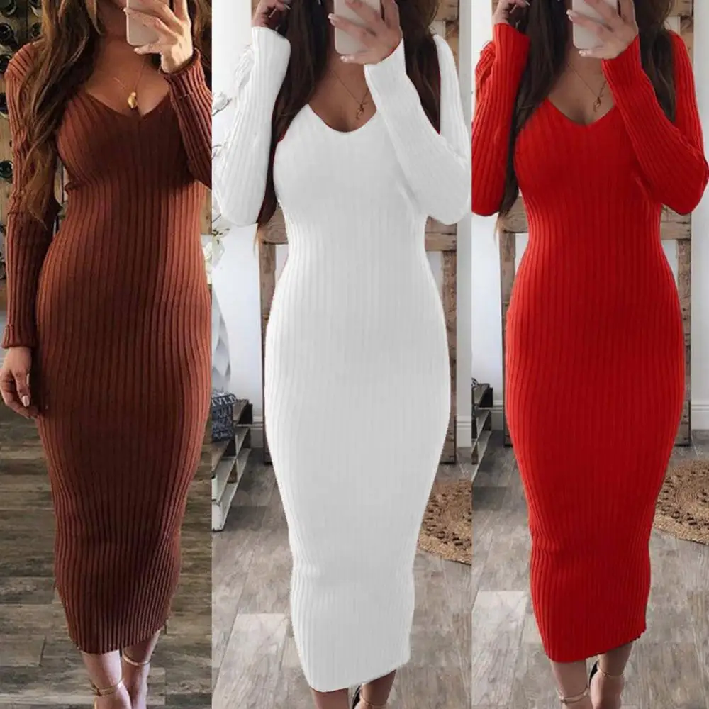 

Long Sleeve Sexy Midi Dress Backless Women Slim Dress Bodycon V Neck Ribbed Knitted Midi Dress