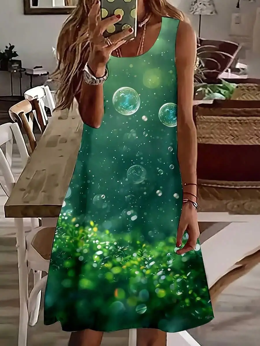 

Women Sleeveless Green Forest Bubble Print Summer Casual Dress