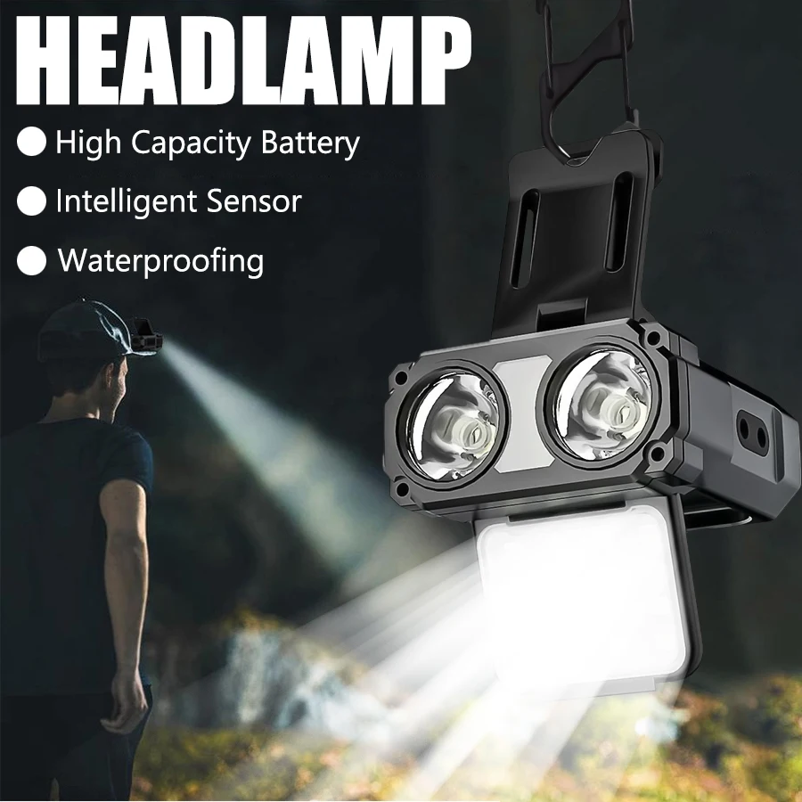 الاستشعار COB LED كشافات غطاء كليب ضوء USB قابلة للشحن رئيس مصباح يدوي المدمج في بطارية المصباح Led رئيس للتخييم الصيد