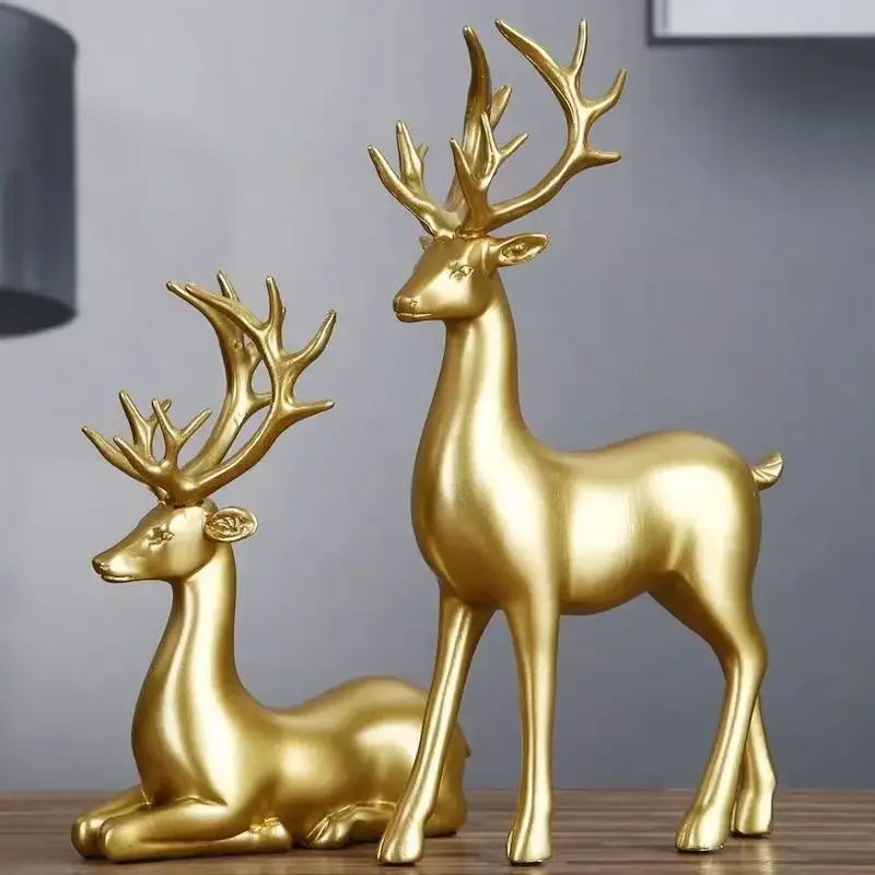 Golden Deer Statue Resin Sculpture Standing Sitting Reindeer Figurine Christmas Decor Home Table Mantle