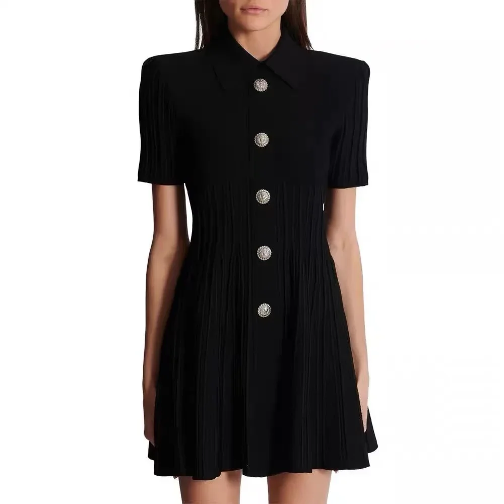 

Women's Black Polo Neck Knit Dress Short Sleeve Single Breasted Slim Waist Mini Dress
