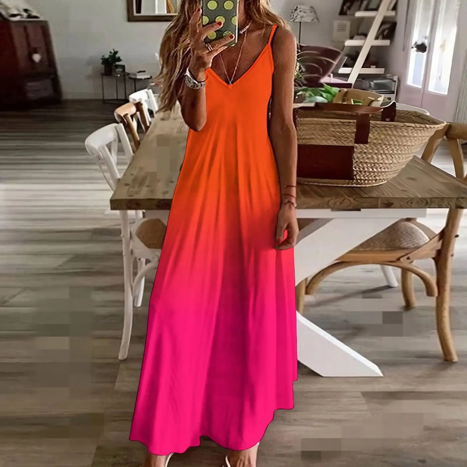 Neon laranja e neon rosa ombre sombra cor desbotada sem mangas vestido longo vestido de baile 2025 vestido elegante