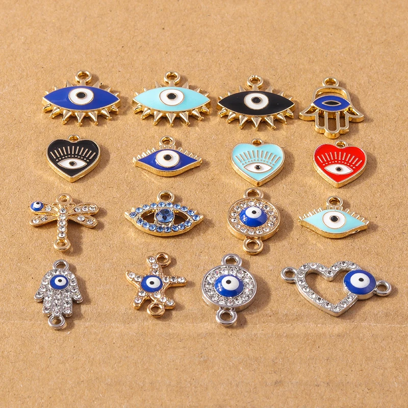 10pcs Cute Enamel Evil Eye Charms Crystal Heart Pendants Charm for Jewelry Making Earrings Necklace Bracelet DIY Accessories