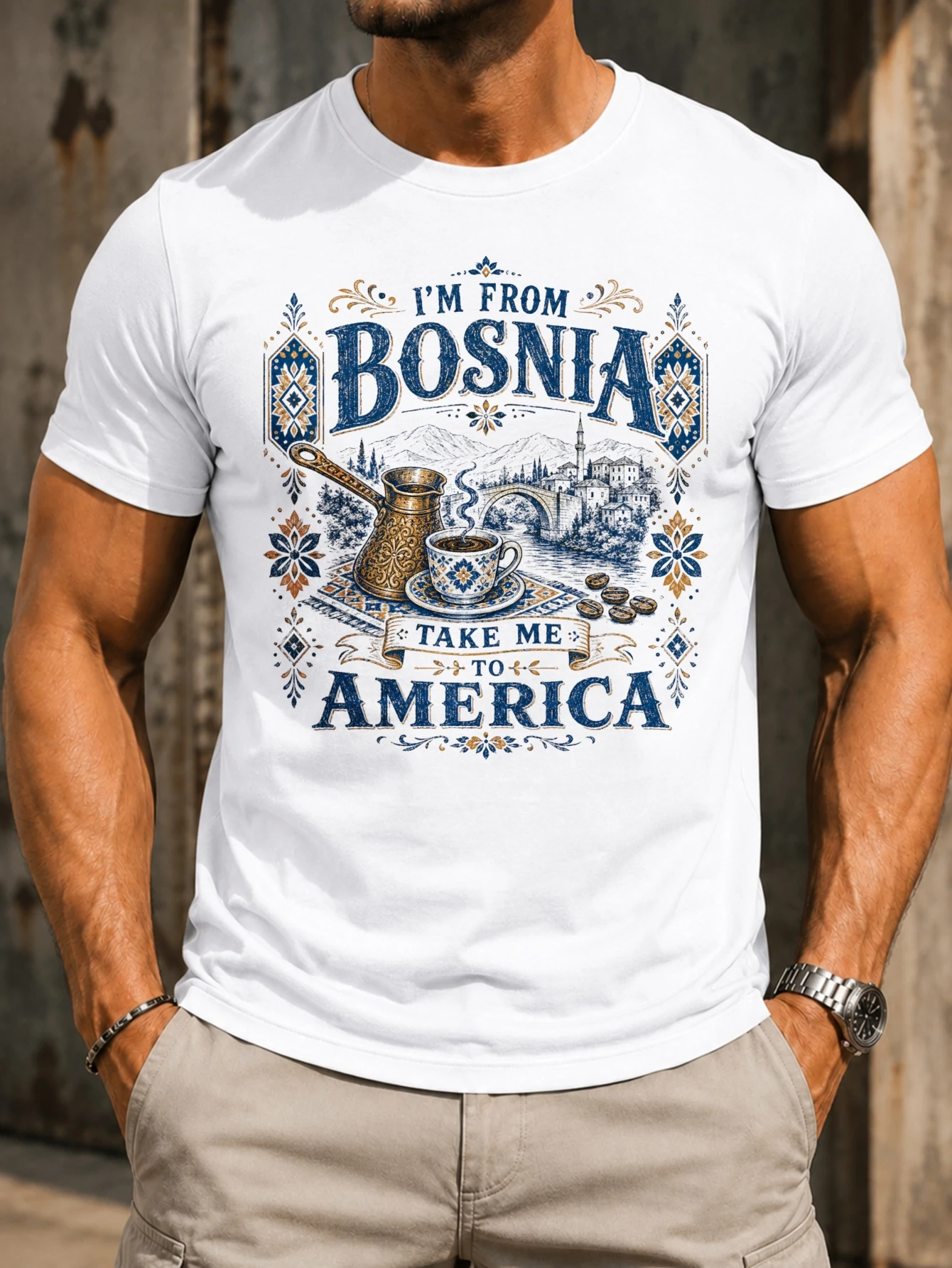 m From Bosnia Take To America  folk border coffee pot cup bridge landse blue gold heritage style  Unisex All T-Shirt