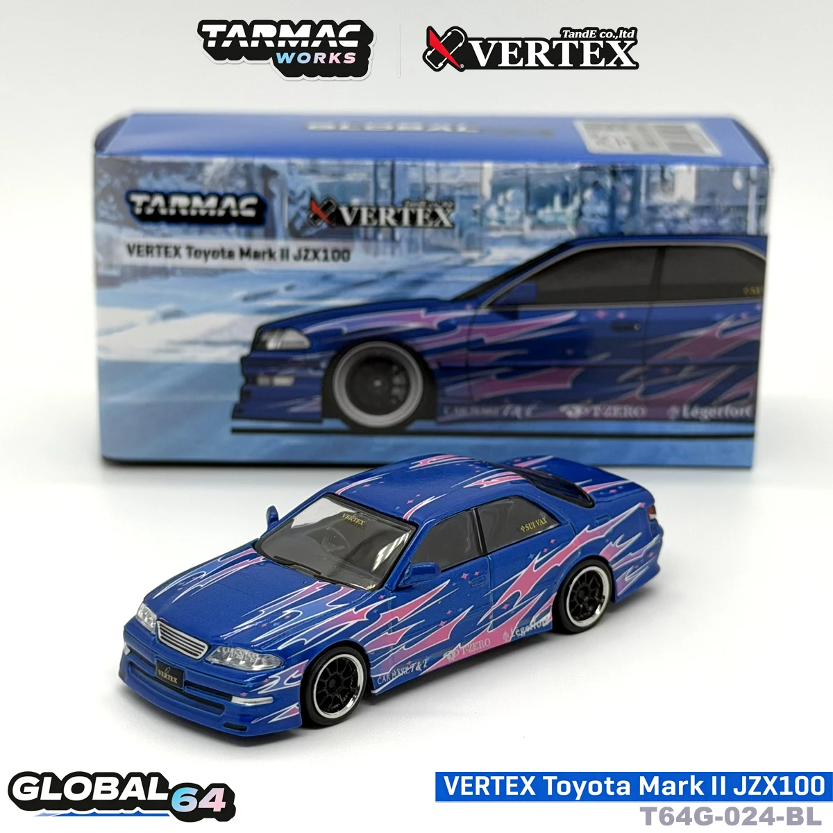TW In Stock 1:64 VERTEX Toyota Mark II JZX100 Blue Metallic Diecast Car Model Collection T64G-024-BL Tarmac Works