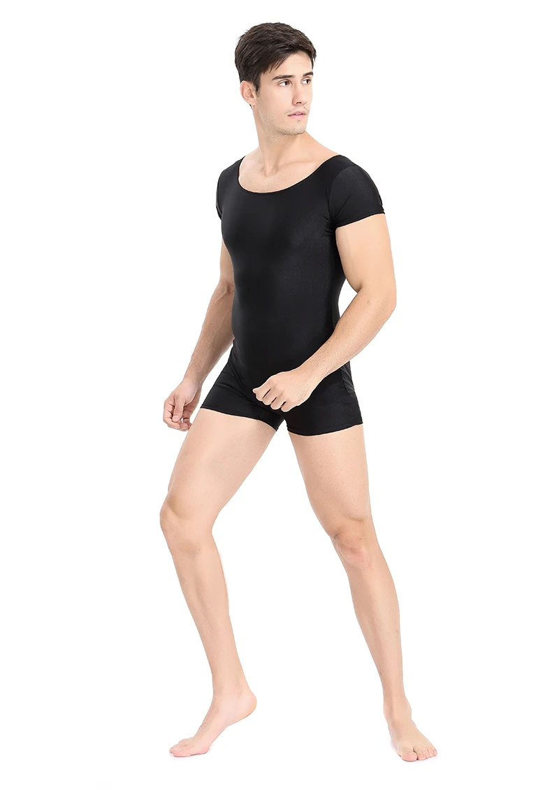Men Bodysuit Black Ballet Unitards Gym One Piece Leotard Short Sleeve Scoop Neck Spandex Stretch Gymnastics Bodysuit Dancewear