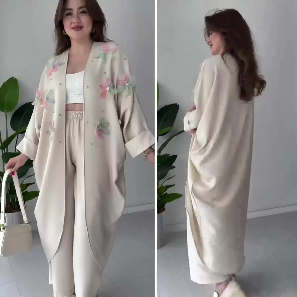 

Spring Summer Clothes Elegant Women's 2-piece Set with 3d Flower Decor Long Sleeve Cardigan Wide Leg Trousers Stylish for Women