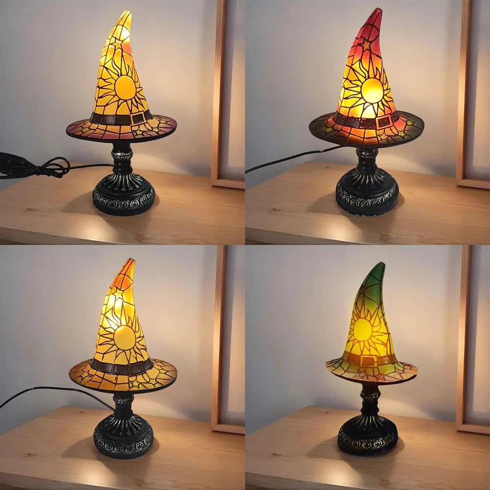 Lampu Topi Penyihir Cetak Kaca Patri Resin Lampu Meja Kecil Bertenaga USB Lampu Malam untuk Ruang Tamu Kamar Tidur Dekorasi Halloween