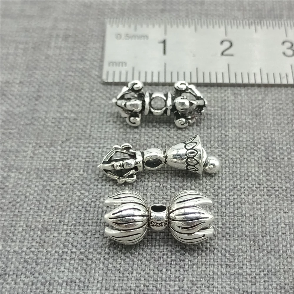 5pcs of 925 Sterling Silver Lotus Vajra Double Dorje Bell Beads for Buddhist Bracelet