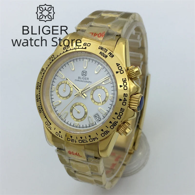 BLIGER Top Brand Men Quartz Watches Sapphire Glass Automatic Date Chronograph Japan VK63 Waterproof Watch Reloj Hombre