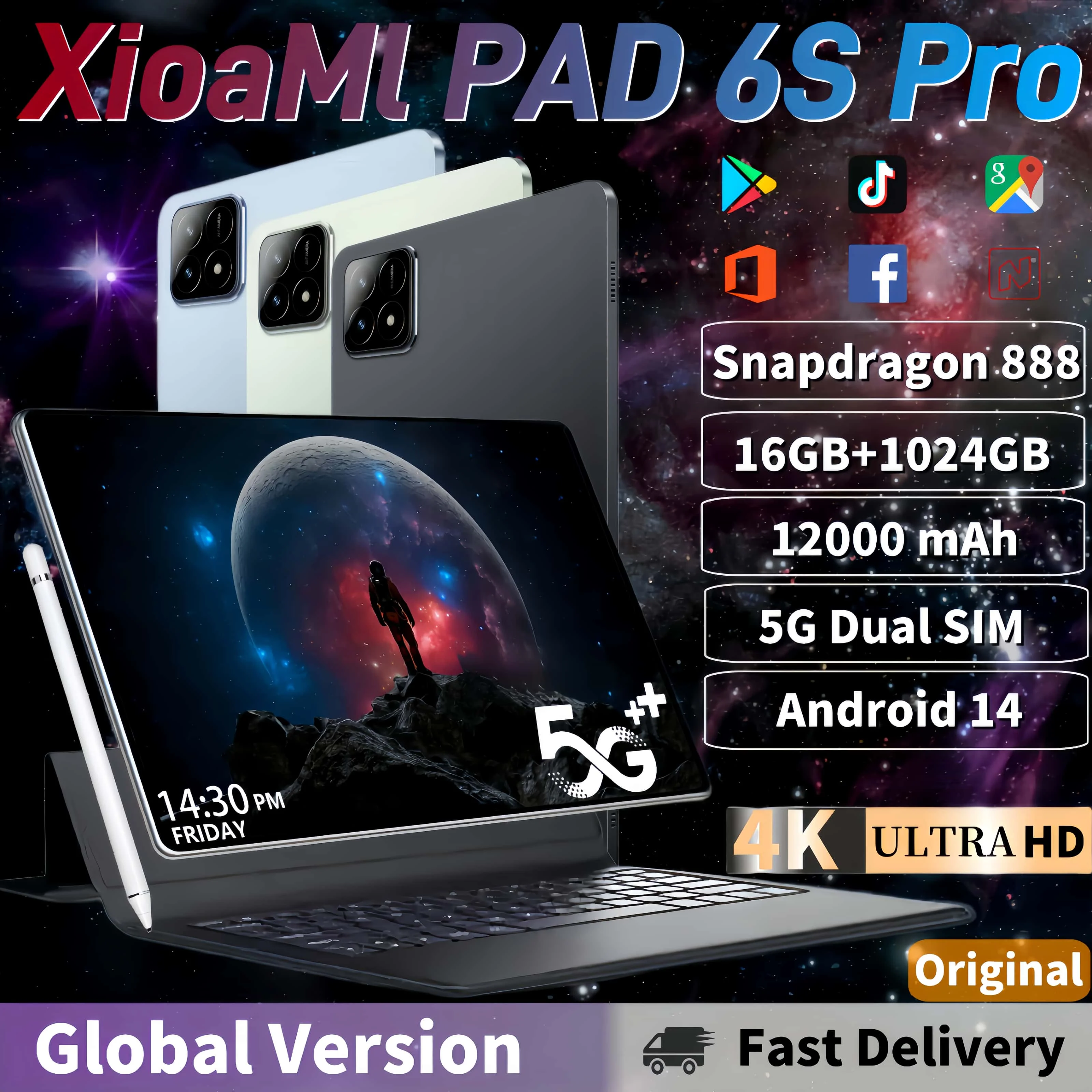 2024 Original XioaMi Pad 6S Pro Snapdragon 888 Tablet Android14 11Inch HD 16GB+1TB 12000mAh 5G Dual SIM Bluetooth WiFi Tables PC