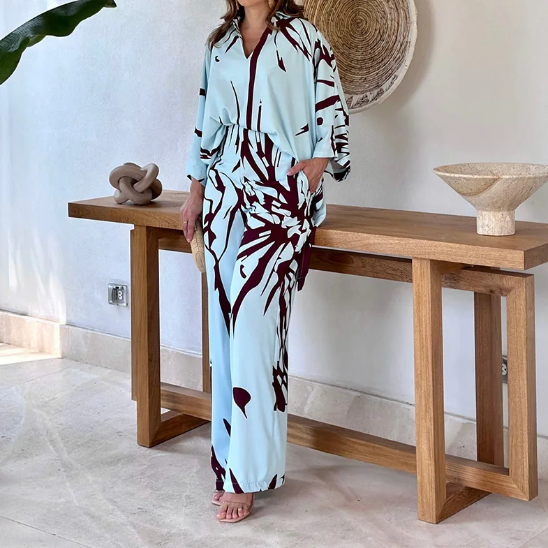 Oversize Women\'s Pajama Set Print Three Quarter Sleeve Ladies Sleepwear Summer Spring Loose 2 Pcs with Pant Home Cloth Female