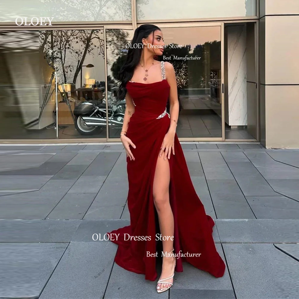 OLOEY Dark Red Long Evening Dresses Straps Beads Crystal Side Split Prom gowns Formal Party Dress Guest bridesmaid Dress