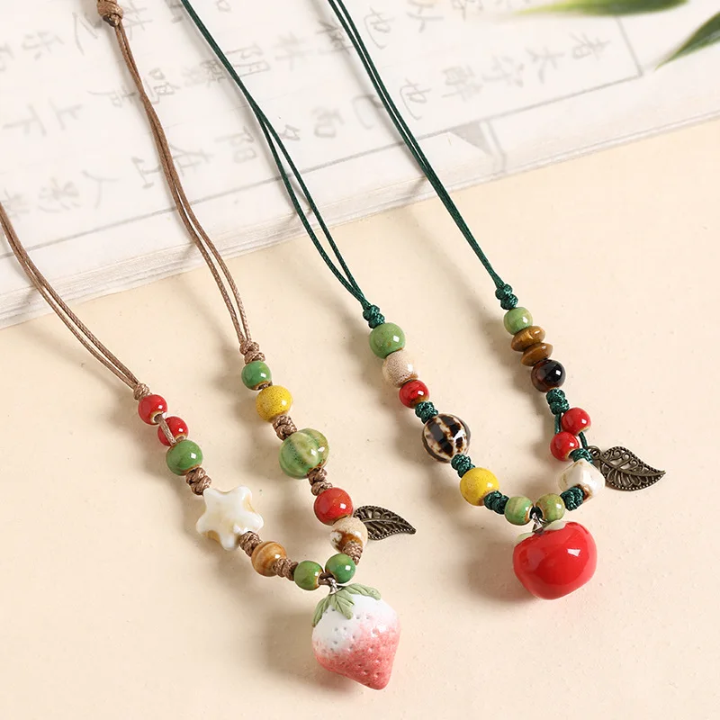 Cute Retro Fruit Ceramic Pendant Necklace Handmade Braided Rope Leaf Pendant Necklace Women Daily Holiday Jewelry Gift