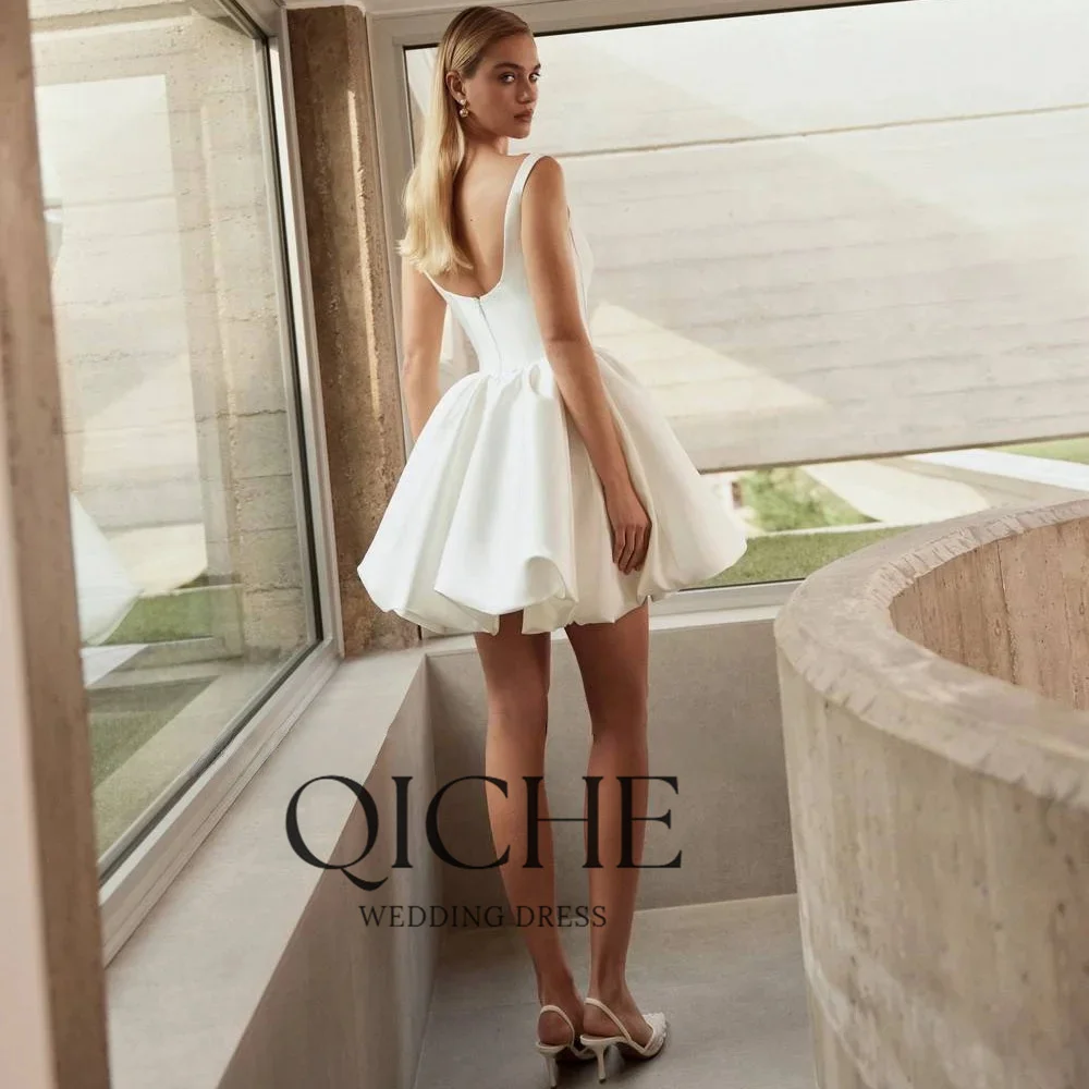 QICHE Elegant Short A-Line Wedding Dress 2026 V-Neck Spaghetti Straps Sleeveless Bridal Party Gown Vestidos De Noiva Customized