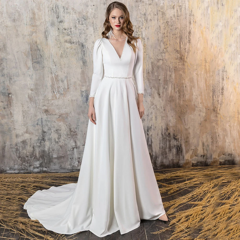 Weilinsha-Robe de Mariée en Jersey à Col en V pour Femme, Tenue de Patients à Manches sulf, Simple, Trapèze, avec Ceinture à Perles