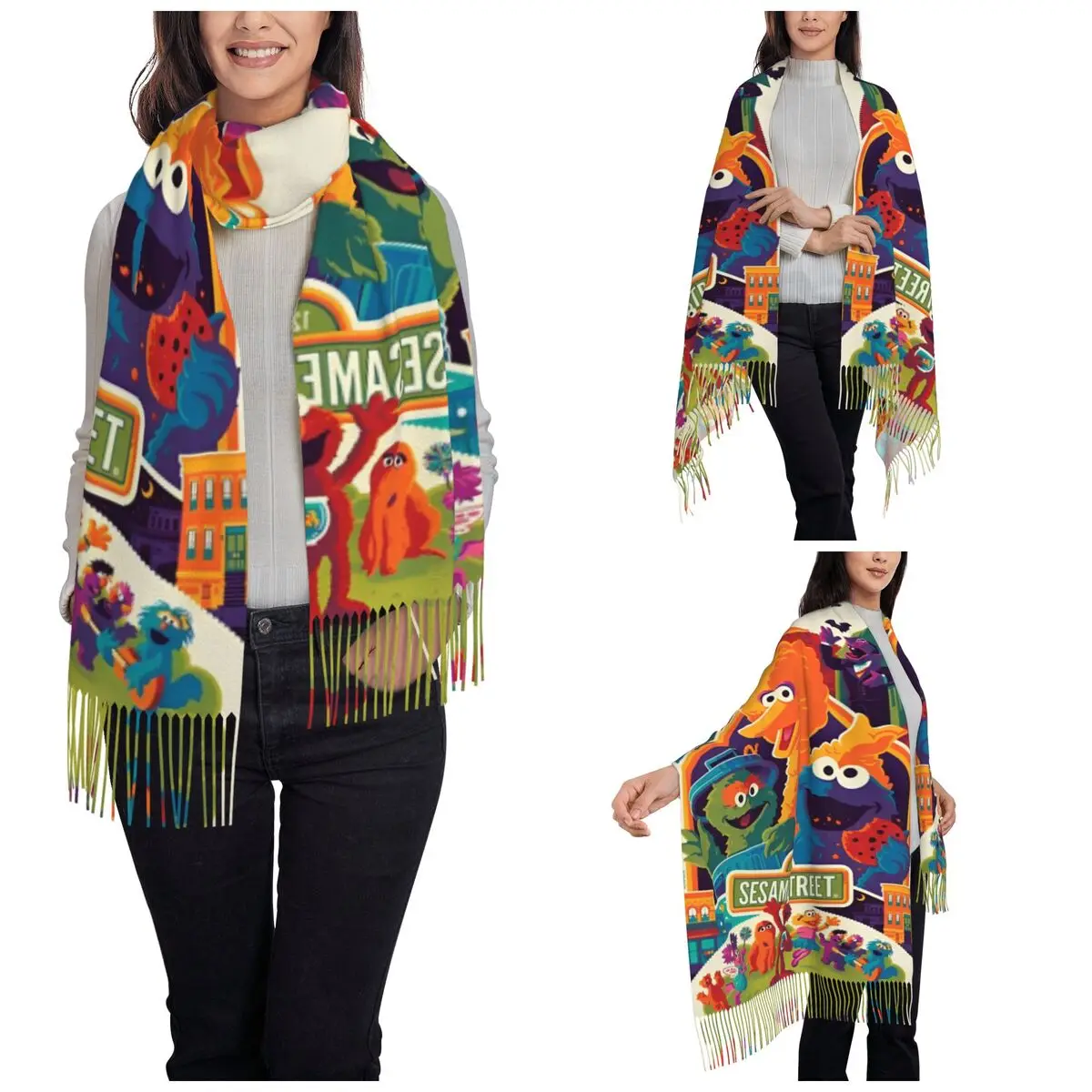 S-Sesame Street Comedy Cartoon Scarf for Women Winter Fall Pashmina Shawls and Wrap Comedy Large Shawl Scarf Daily Wear