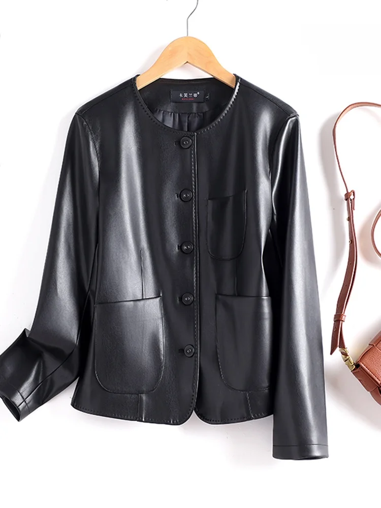 2025年新作 スレハイフェン オートラウンドネック レザージャケット レディース 本革 カジュアル ショートコート トレンド 通勤 防風