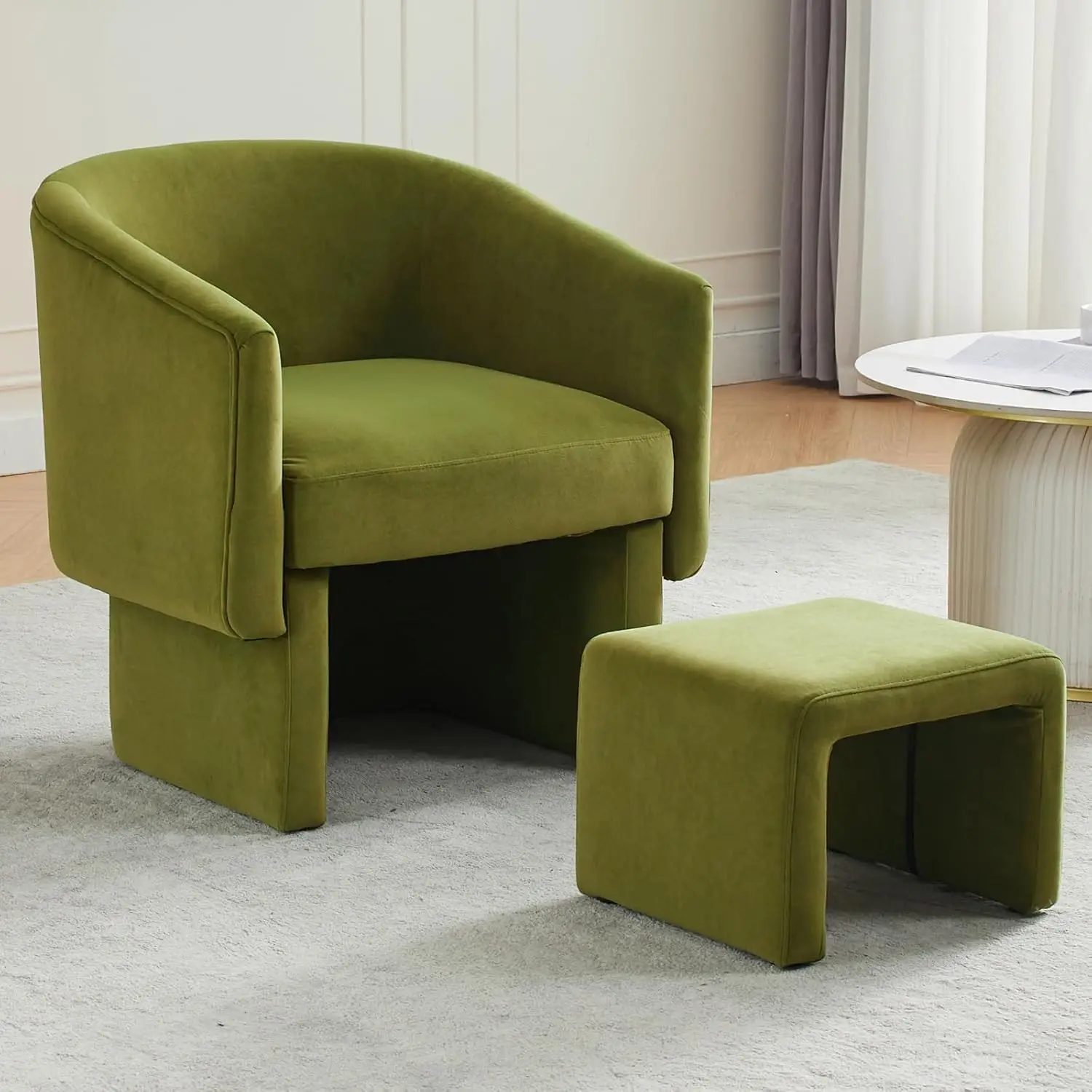 

Modern Velvet Accent Chair with Footrest Upholstered Barrel Armchair Comfy Single Sofa for Bedroom Reading Space, Green