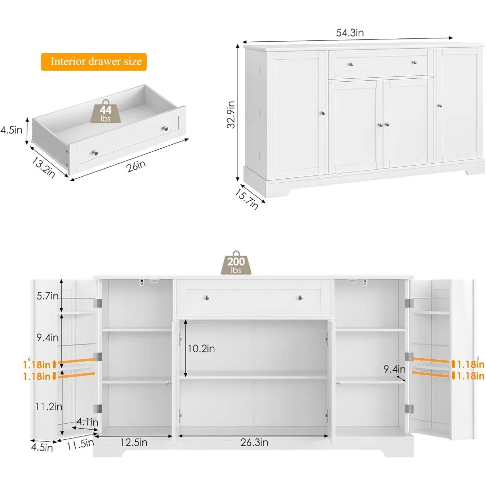 HITHOS-armario de Buffet de 54 "con almacenamiento, aparador moderno de Buffet de cocina con cajón, armario de madera para barra de café con ajustable