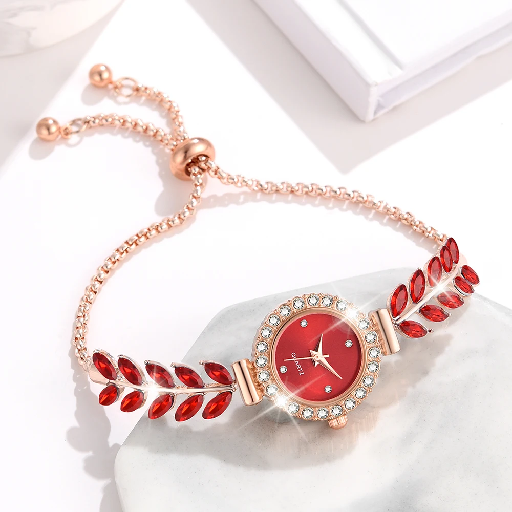 6pcs/Set Red Women Watch Fashionable Minimalist Dial Quartz Wristwatch Alloy Wheat Ear Element Watch Jewelry Set Gift For Her