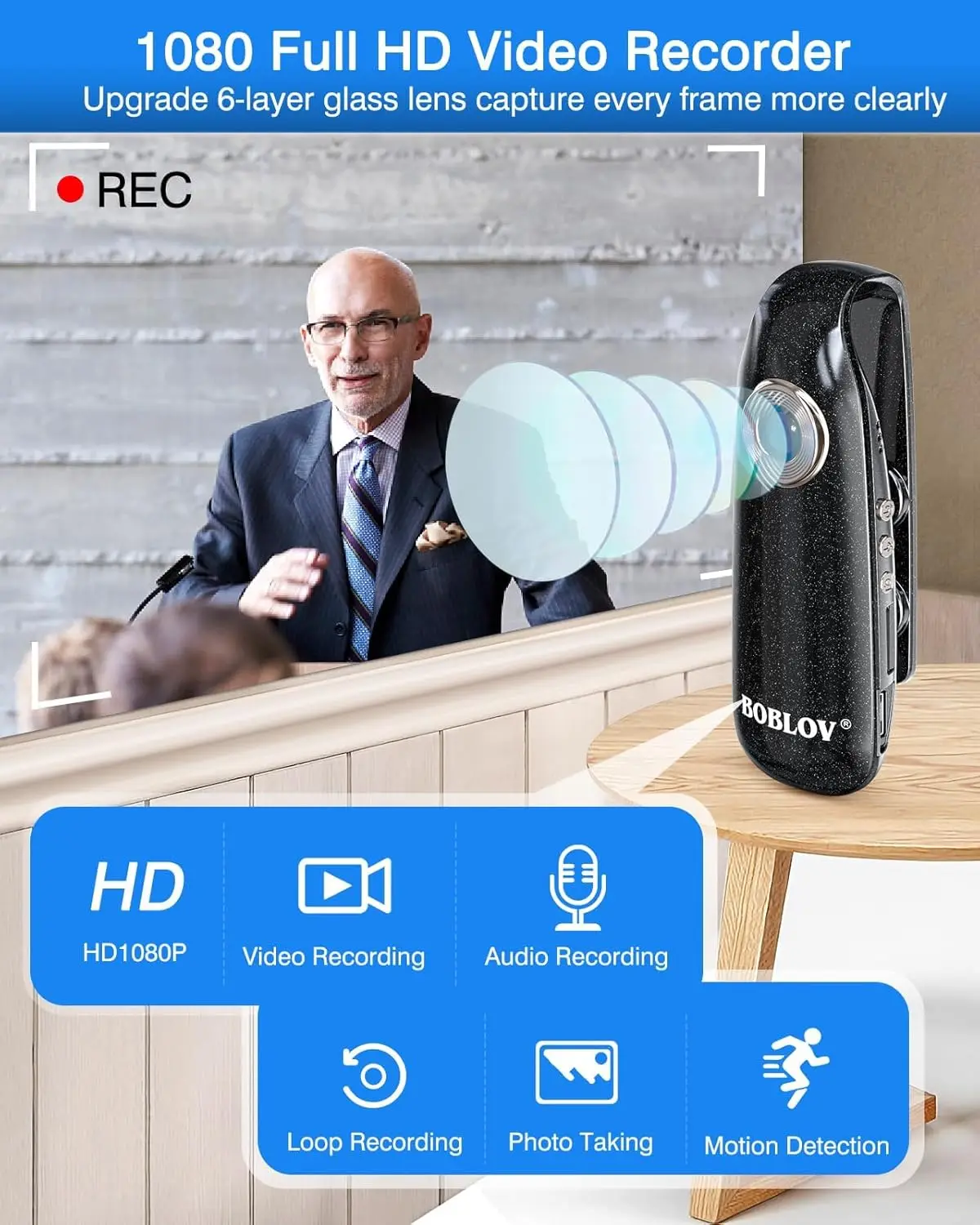 BOBLOV 007 Małe kamery na ciałoPrzenośne kieszonkowe małe kamery na ciało z klipsem na plecach 128 GB 1080P Kamera montowana na ciele Mini kamera do roweru — zdjęcie produktu 2