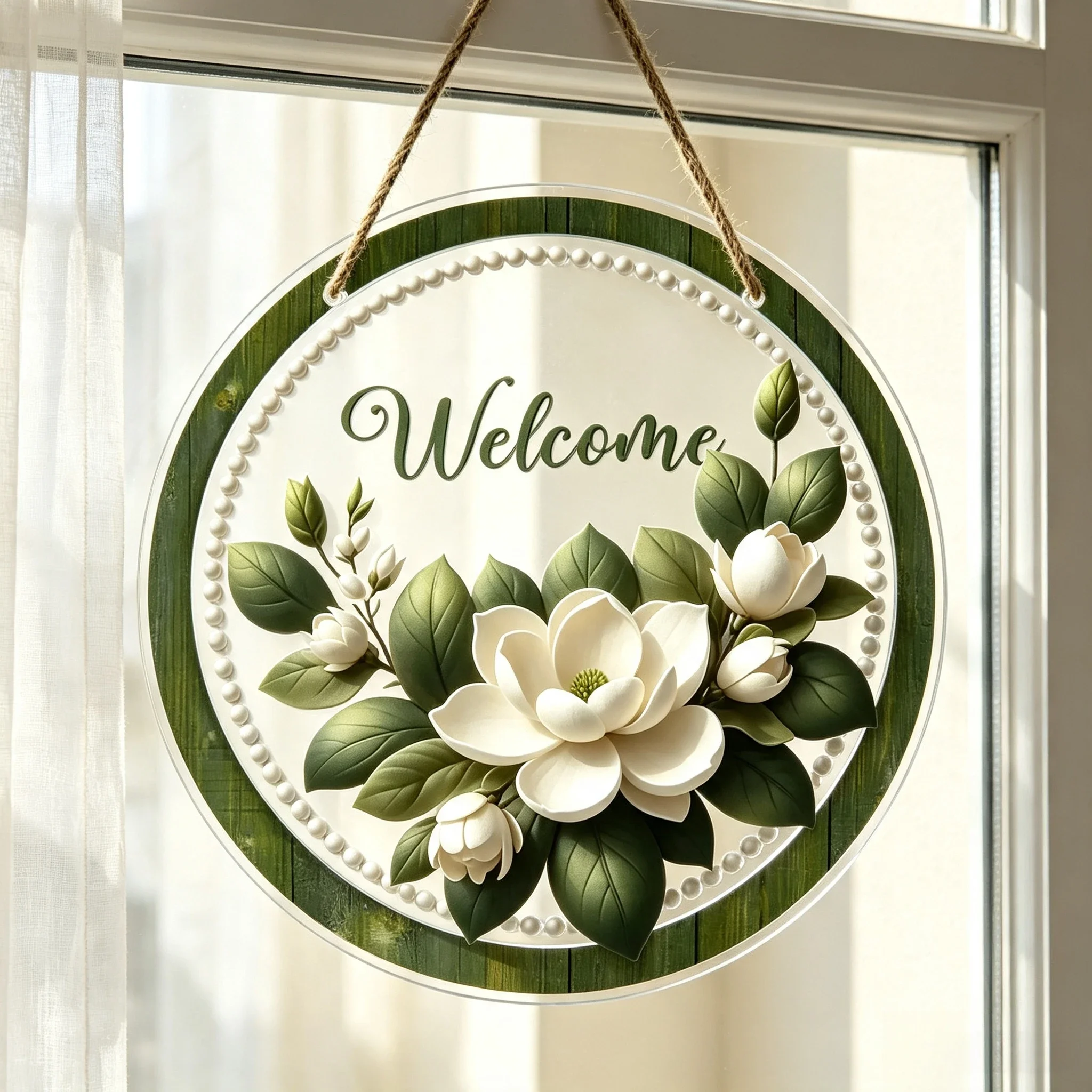 Green Wood Texture Beaded Border Magnolia Floral Acrylic Front Door Ornament