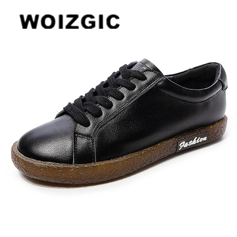 WOIZGIC Women\'s Female Ladies Mother Girl Woman Cow Genuine Leather White Shoes Flats Lace Up Non Slip Soft Autumn JZ-19228