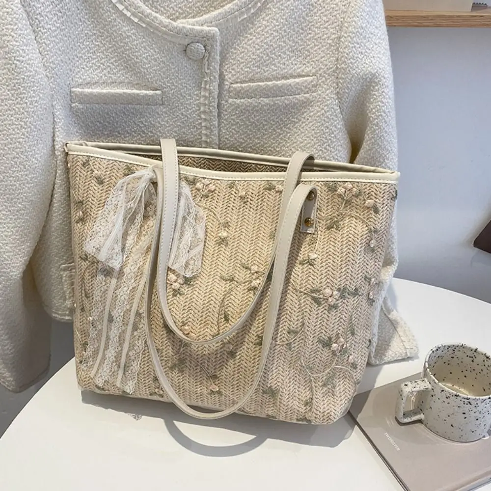 

Single Shoulder Large Capacity Straw Woven Shoulder Bag Portable Handmade Shopping Bag Lace Beach Bag Female