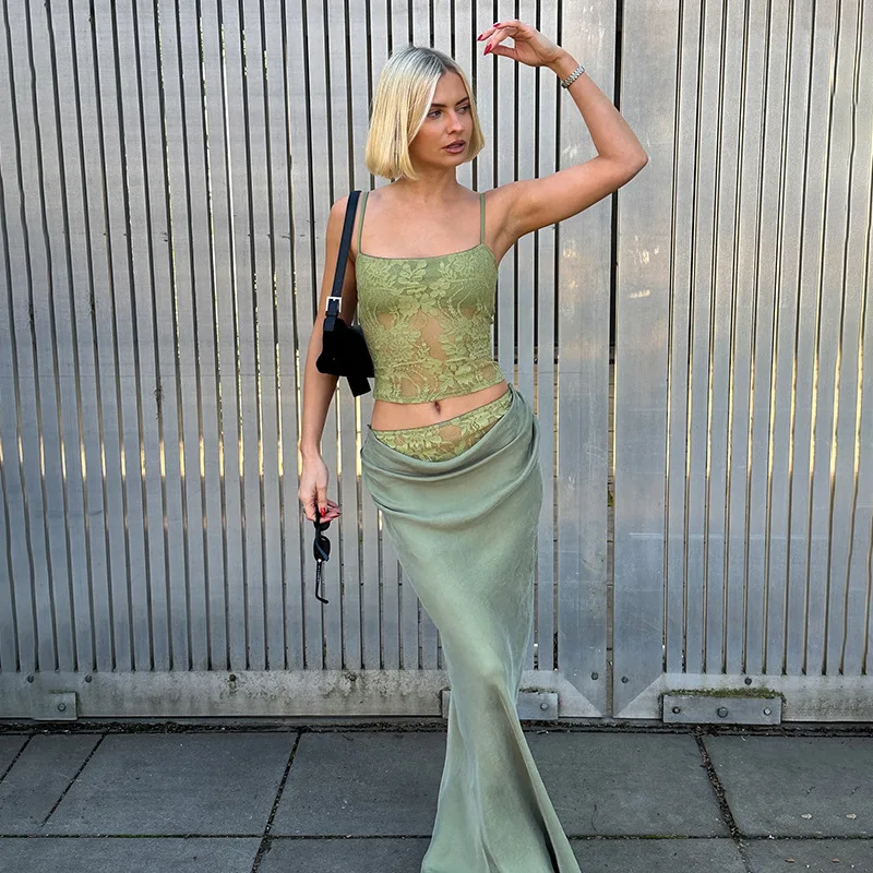 

Summer 2025 Women Vintage Casual Lace Halter High Waist Maxi Dress Fake Two Piece Set Patchwork Sexy Slim Vacation Outfits