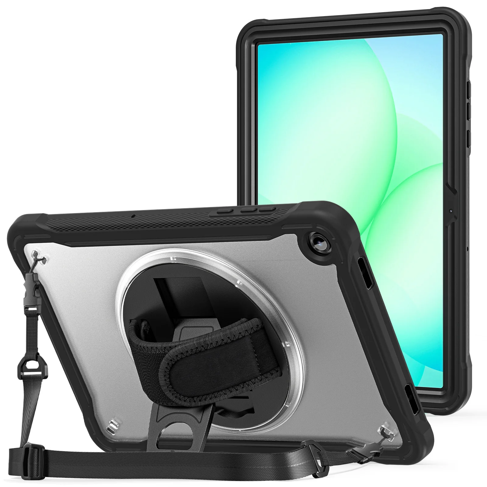 

Прозрачный противоударный чехол-подставка для Samsung Galaxy Tab A11 Plus 2025 с плечевым ремнем и ремешком на руку