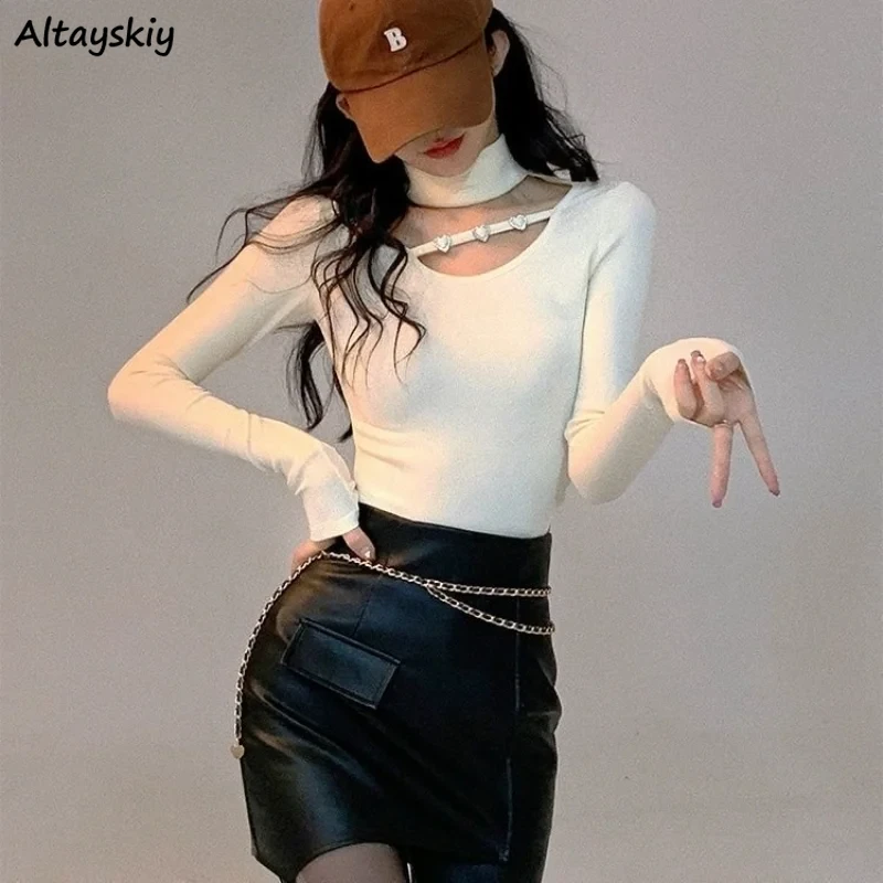 Long Sleeve T-shirts Women Turtleneck Knitting Autumn Winter Warm Inner Tops Skinny Basic Fashion Solid Design Aesthetic Ladies