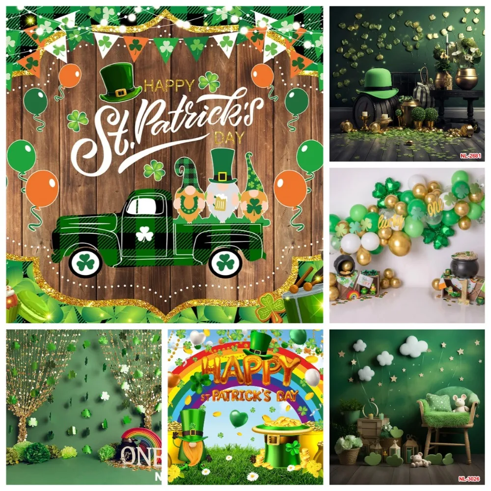 Lucky Irish Clover St. Patrick's Day Banner Background Cloth, Sparkling Green Clover Home Decoration Photography Studio Backdrop