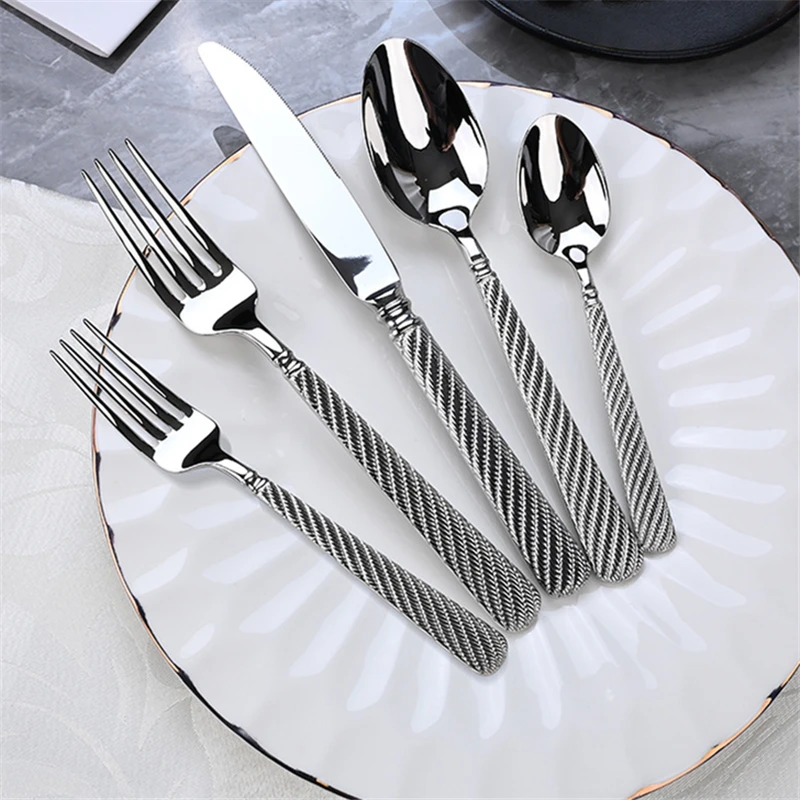 

304 Stainless Steel Hemp Rope Hotel Cutlery Set Luxury Silver Tablware for Dinner Wedding Golden Kitchen Cooking Spoons Forks