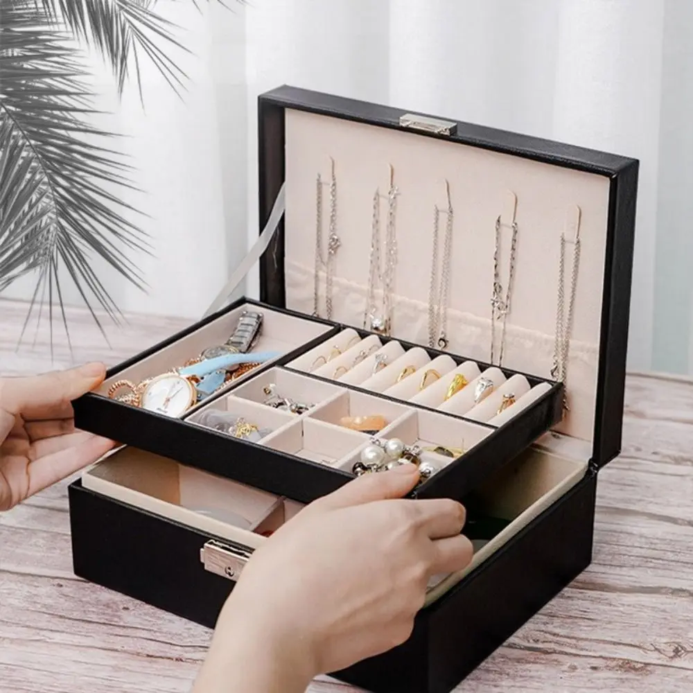 2 Layer Double-layer Jewelry Box with Lock PU Leather Necklace Earring Box Dustproof Large Capacity Leather Jewelry Organizer