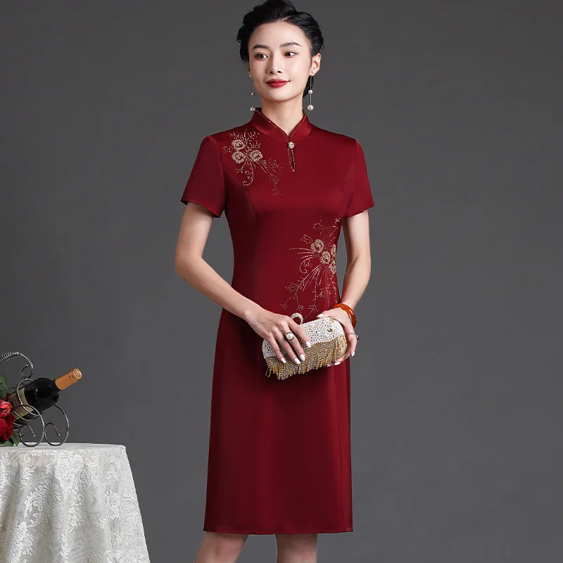 

Yourqipao Summer High-end Elegant Burgundy Cheongsam Improved Banquet Qipao Chinese Style Evening Wedding Dress for Mother Women