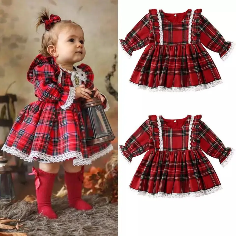 

Girls Christmas Dress Children's Red Plaid Lace Christmas Dress Wedding Evening Dress Baby Carnival Party 2025 Christmas Clothes