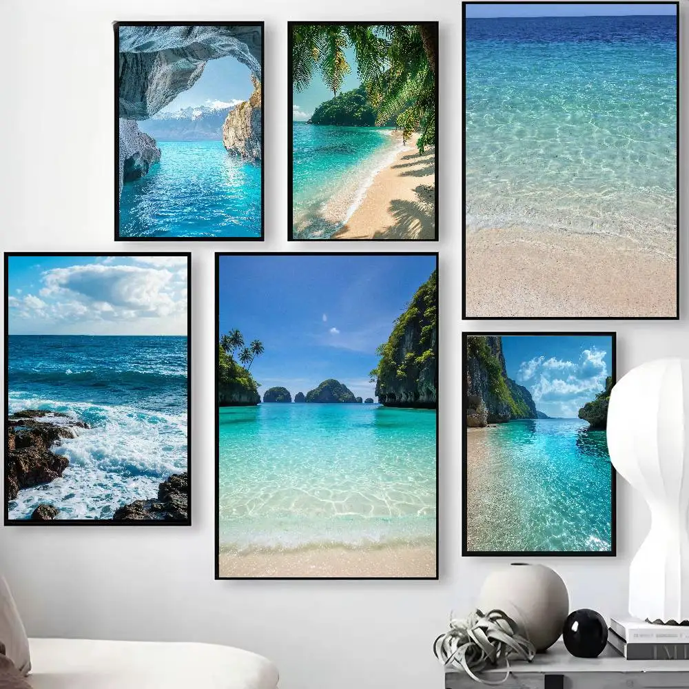 Tropical Beach Ocean Landscape Poster, Turquoise Clear Sea Water Palm Tree Coast Scenery Wall Art, Summer Seaside Home Decor