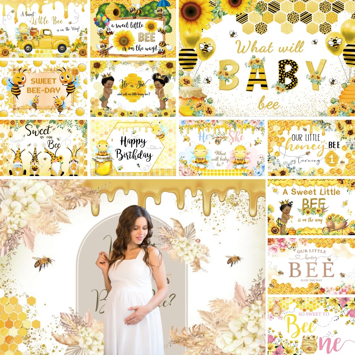 Yellow Sweet Bees Pulp Background A Little Honey is On The Way Honeycomb Sunflower Baby Shower Kid Birthday Party Decor Backdrop