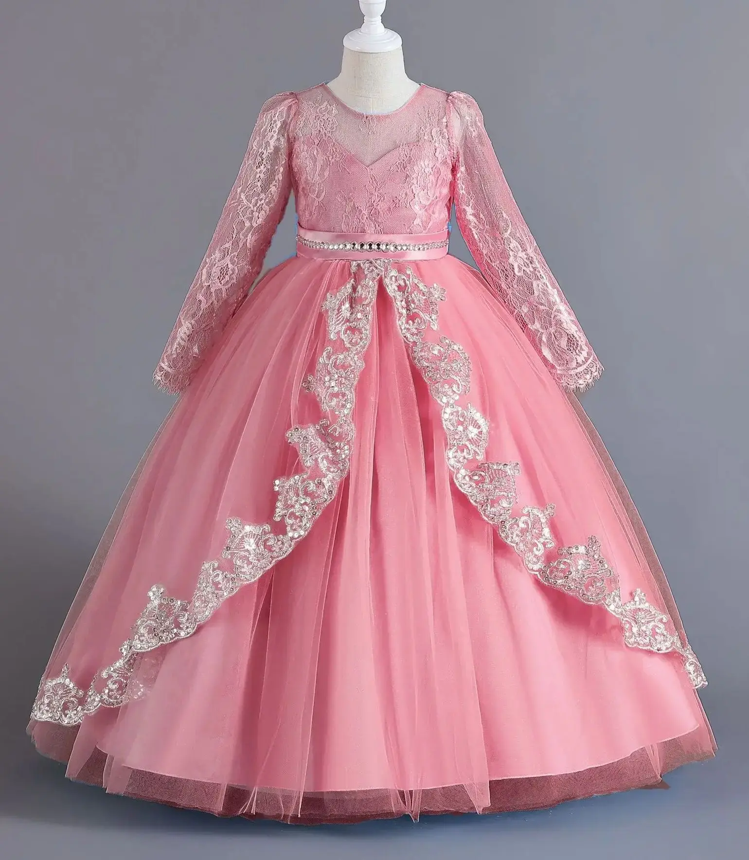 Long Sleeve Elegant Girl Party Dress Children Girls' Bridesmaid Clothes Kids Evening Dresses 4-12Y