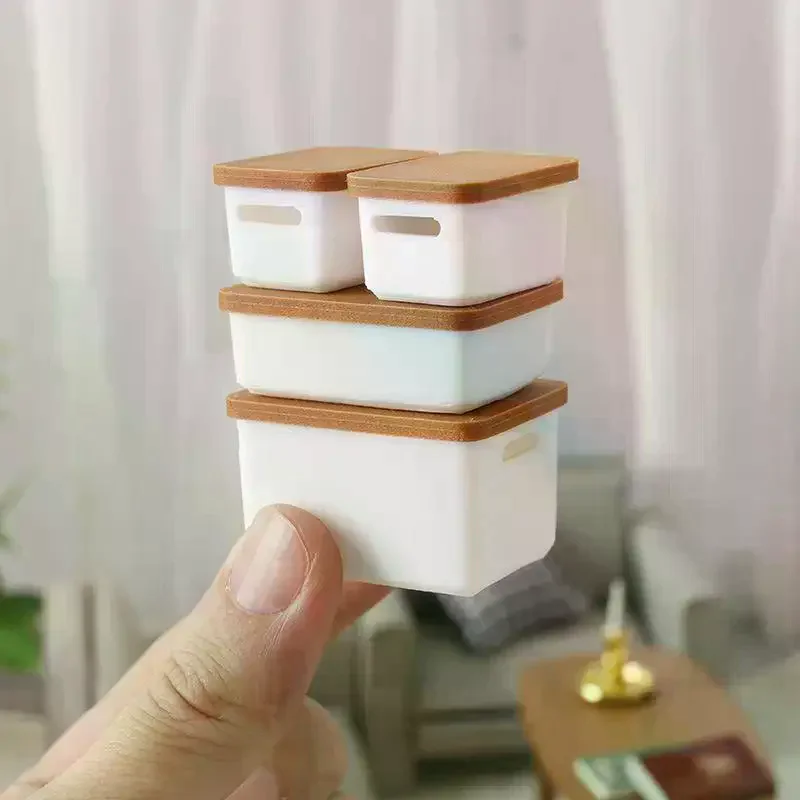 4 pçs mini caixa de armazenamento com capa 1/12 casa de bonecas em miniatura caixa de armazenamento de alimentos modelo casa de boneca acessórios brinquedo