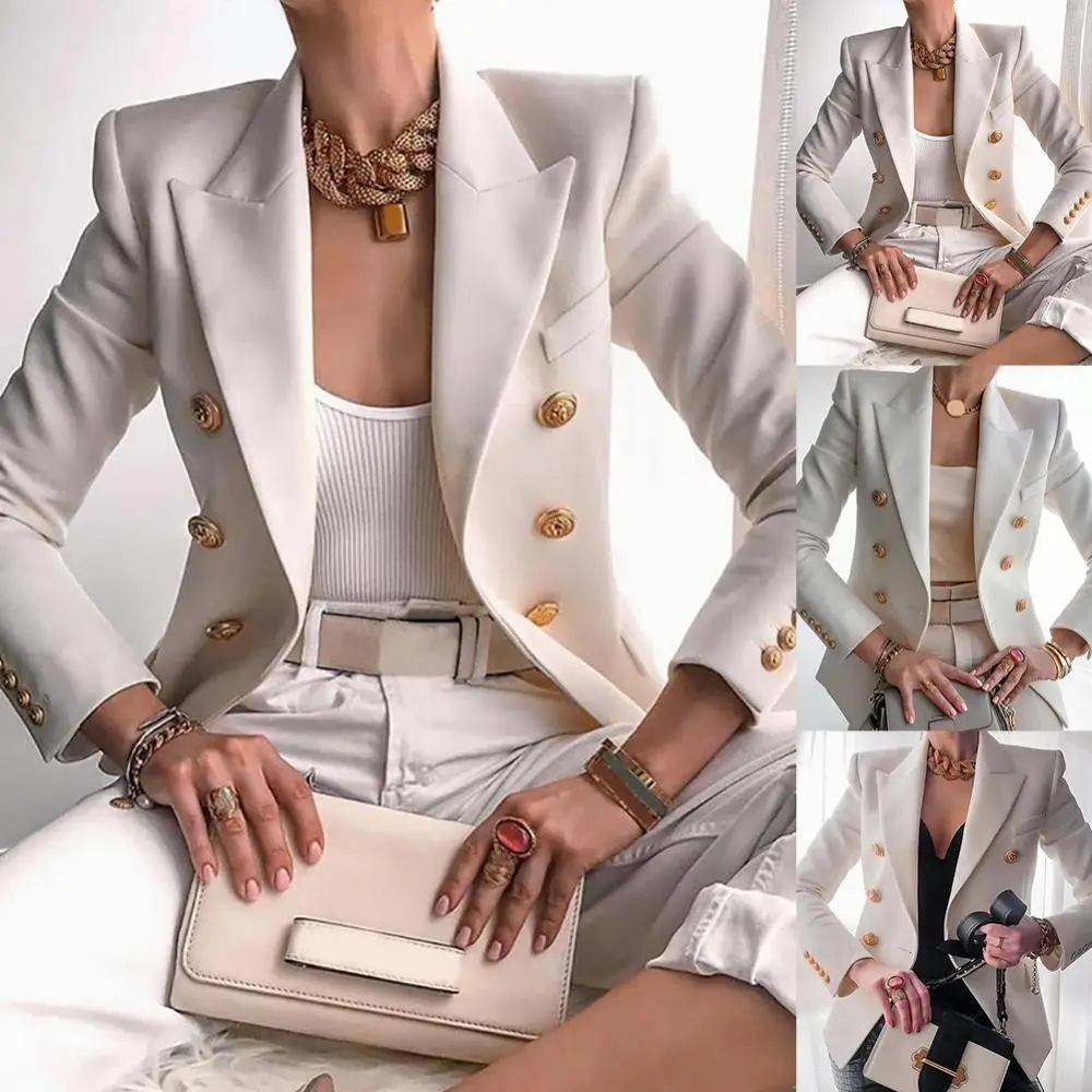 Women Double Breasted Blazer Solid Color Long Sleeve Coat Suit Jacket Office Lady Business Fitted Fall Workwear Elegant