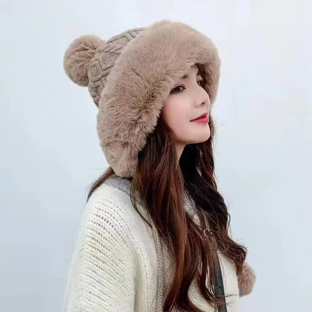 Cute Faux Fur Ear Protection Hat Woolen Solid Color Knitted Beanie Keep Warm with Pompom Ball Winter Plush Hat Female/Girls