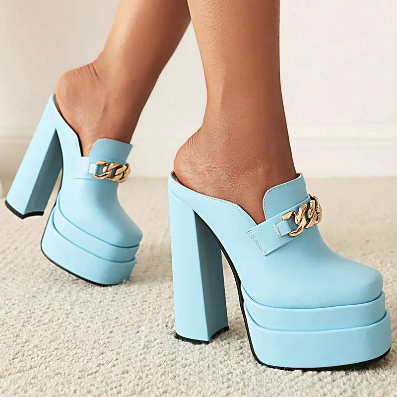 Closed Toe Sky Light Blue Womans Shoes Summer Slippers With Metal Chain Rectangle Block High Heels Mules Slides Platform Sandals