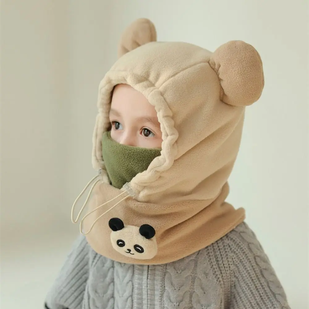 Warm Panda Plush Scarf with Face Mask Cute Earmuff Drawstring Bear Ear Hat Windproof Thickened Panda Neckerchief Streetwear